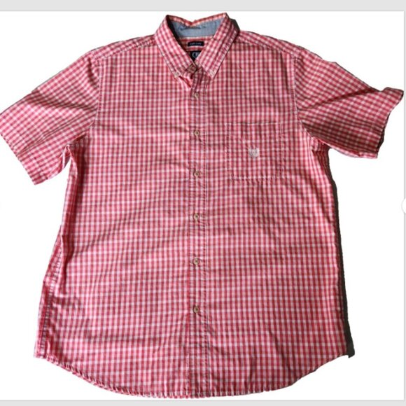 Chaps Easy Care Shirt Men's Large Gingham Plaid Short Sleeve Button Up Red White - Picture 2 of 10